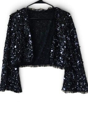 Betsey Johnson Sequin Bolero Jacket Black Evening Holiday Cover Up Size M/L